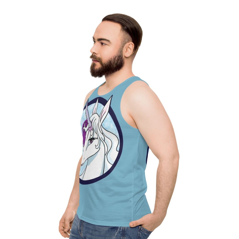 The Last Unicorn Unisex Fantasy Tank Top featuring Amalthea the Unicorn - men side