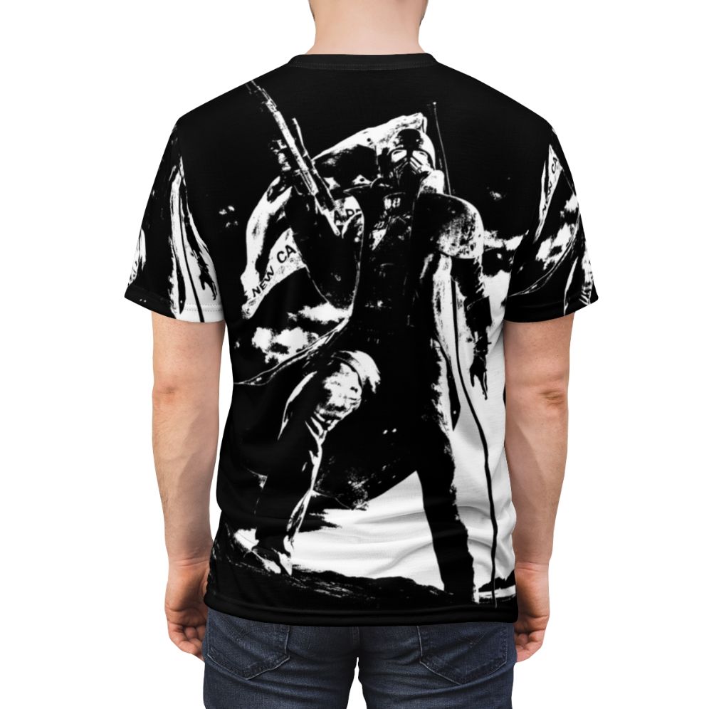 High-quality black and white NCR ranger flag design on a t-shirt, inspired by the Fallout New Vegas video game. - men back