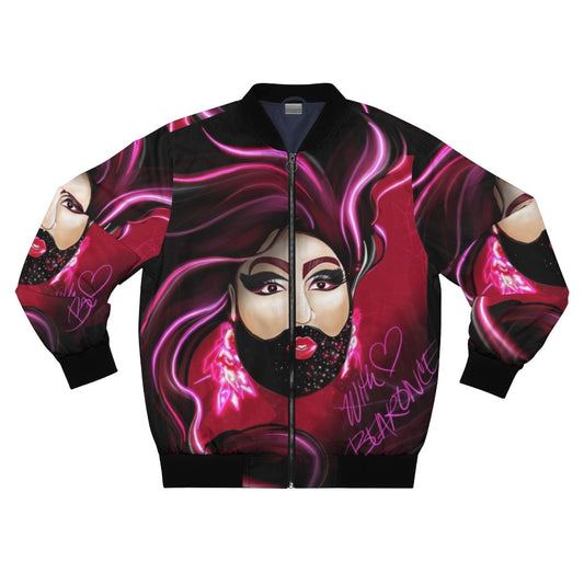 Bearonce bomber jacket featuring a stylized bear and drag queen design