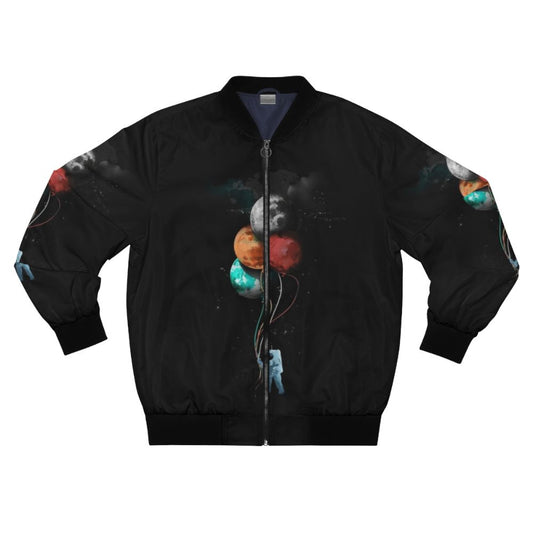 Spaceman's Cosmic Bomber Jacket with Planets, Balloons, and Surreal Elements