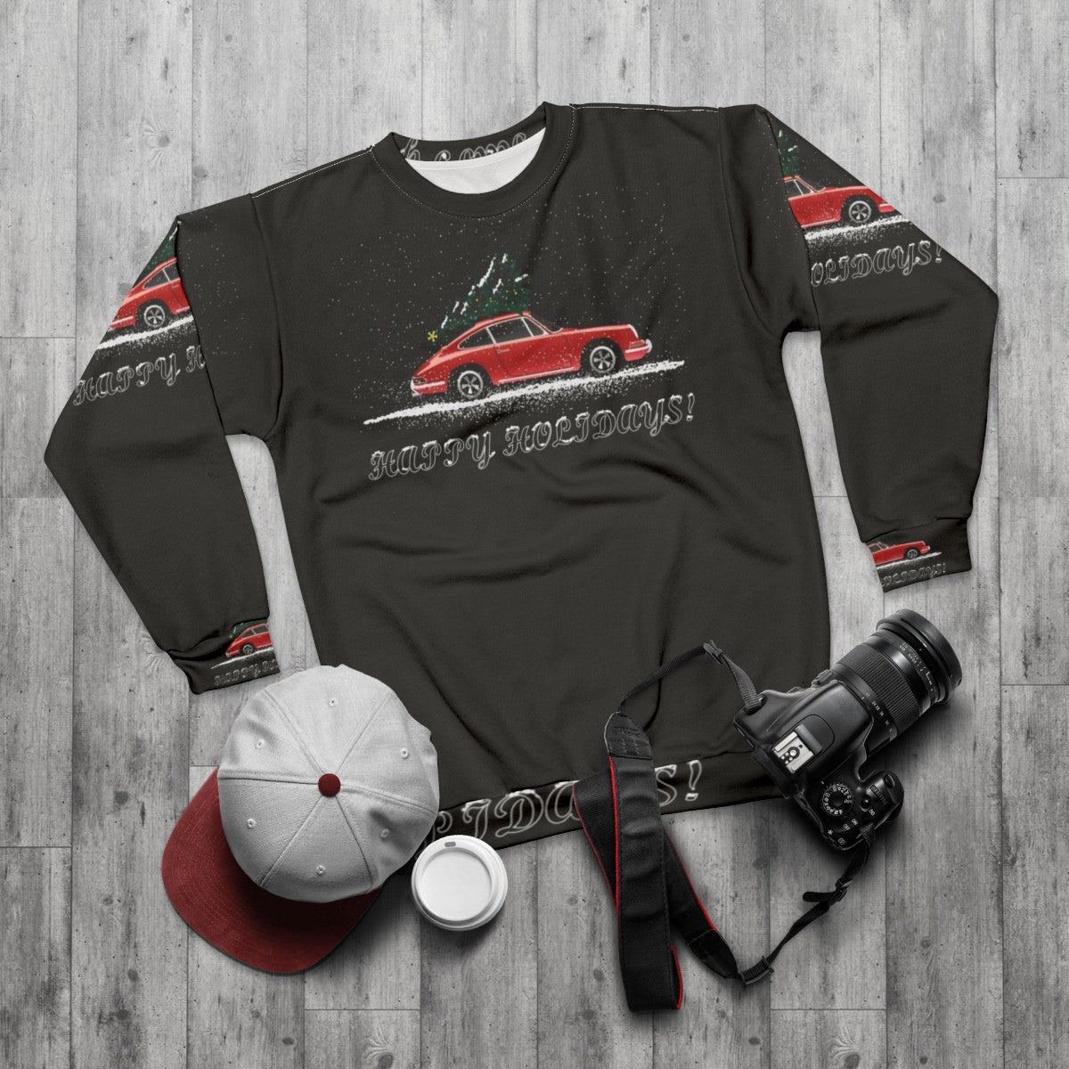 Christmas 911 Sweatshirt with Porsche and Holiday Graphics - flat lay