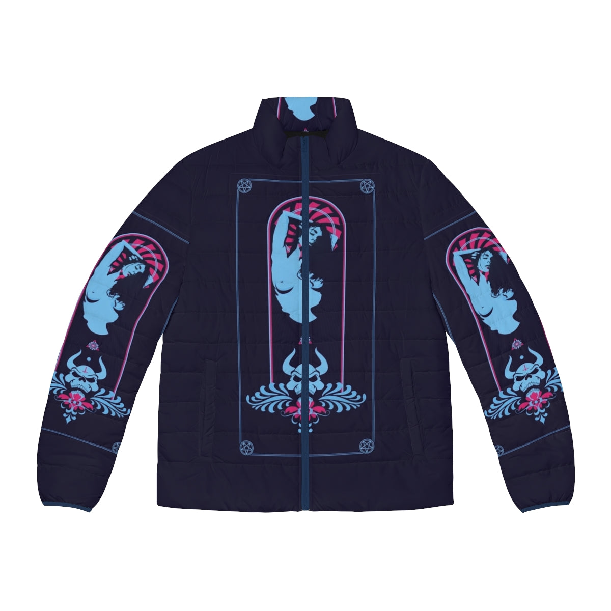 Satanic puffer jacket with occult and esoteric imagery