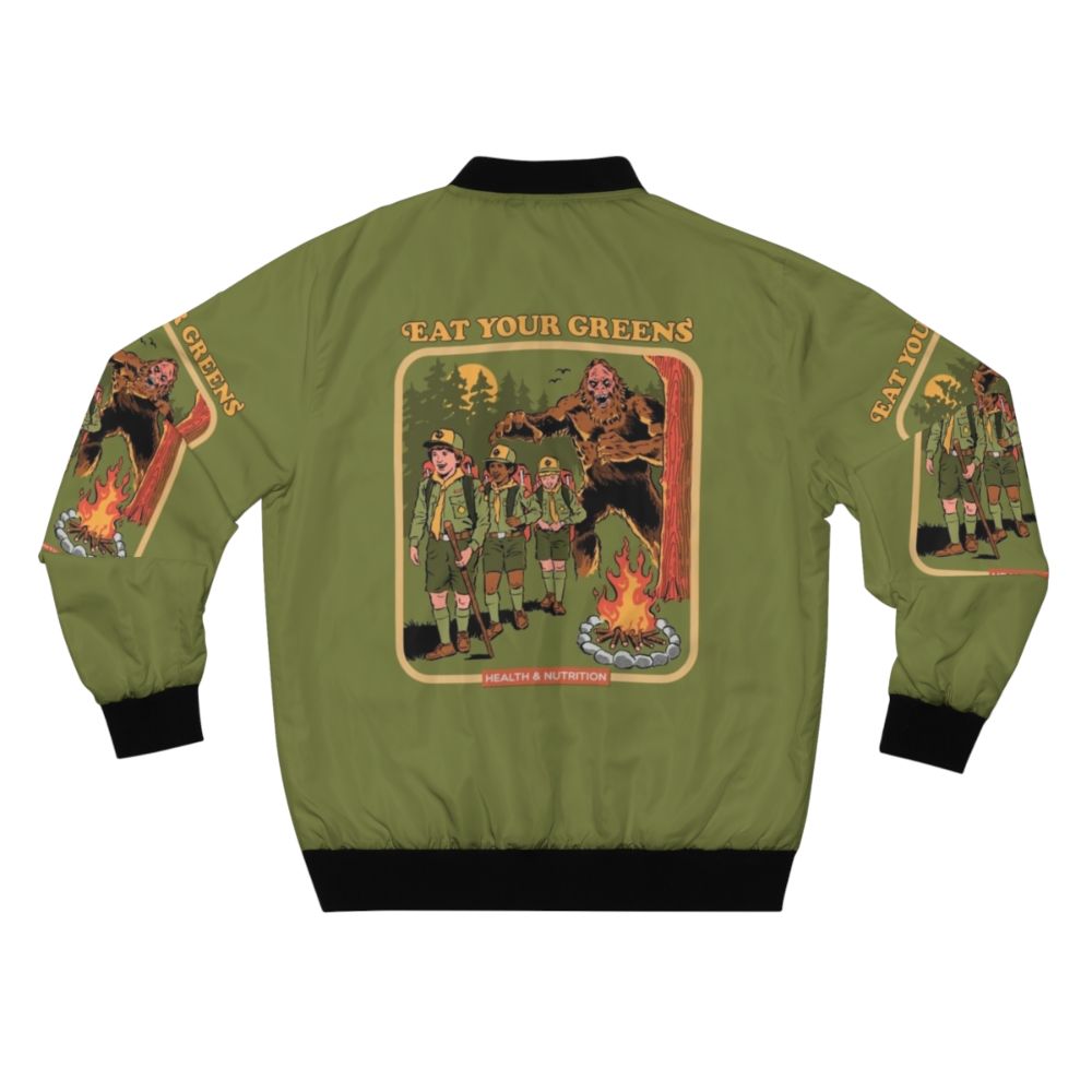 Retro 'Eat Your Greens' bomber jacket with bigfoot, monster, and occult-inspired design - Back