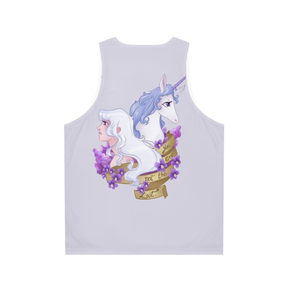 "Unisex 'Not The Last' fantasy tank top with floral and unicorn design" - Back