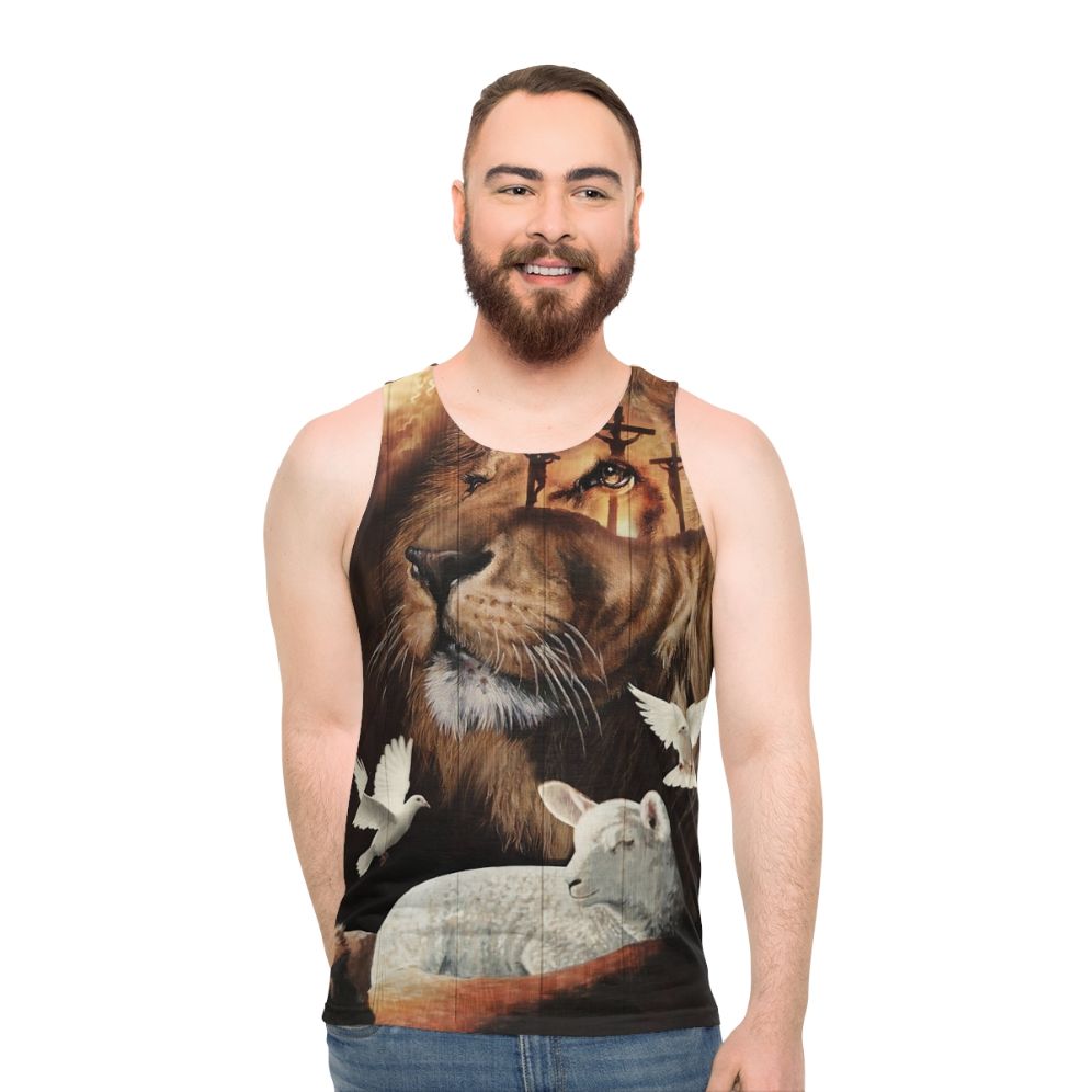 Unisex Christian tank top with the Lion of Judah and the Lamb of God - men