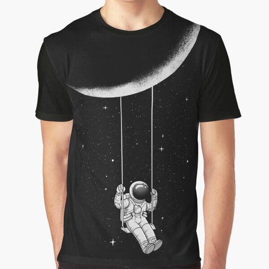 A surrealist black and white graphic t-shirt with an abstract moon swing design