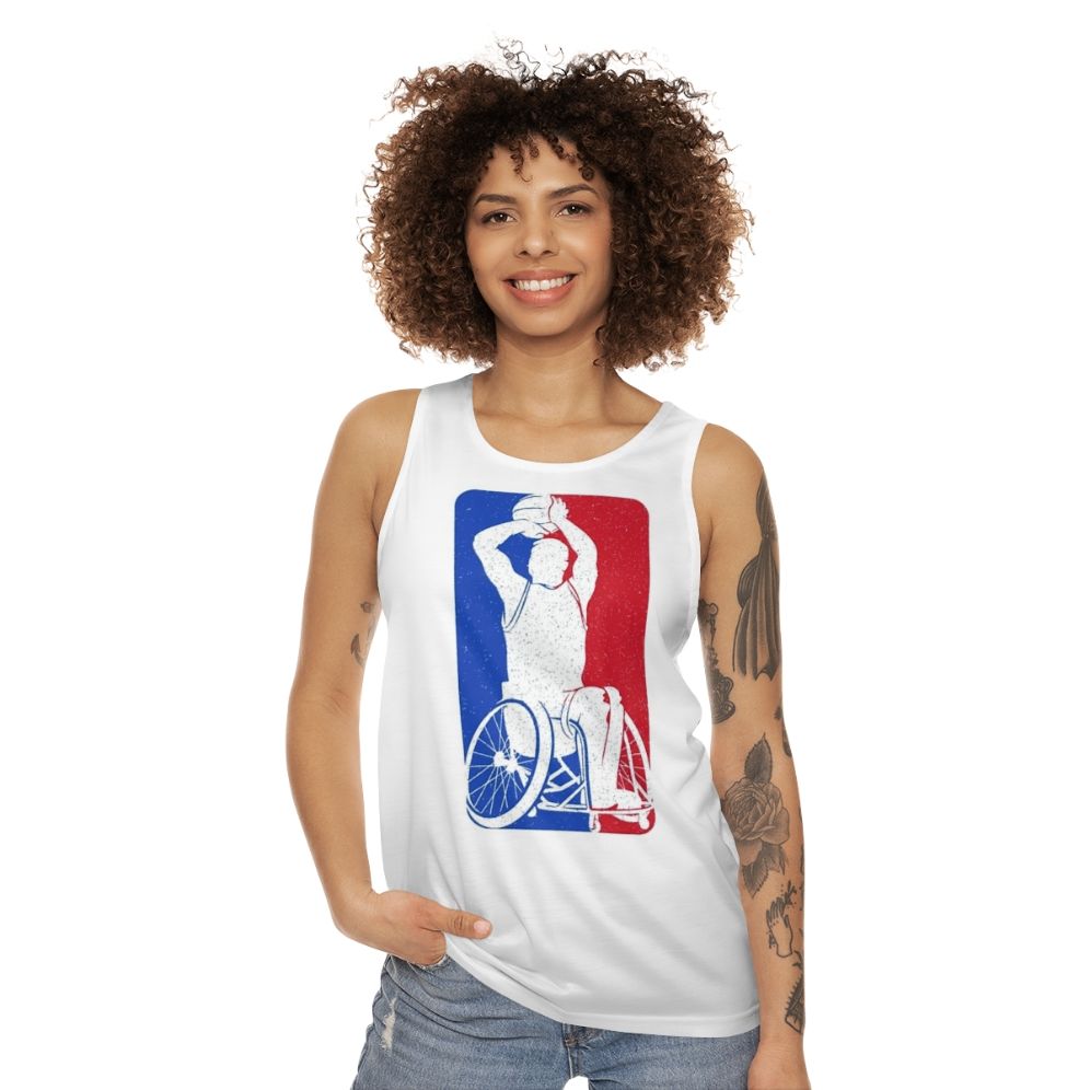 Wheelchair basketball player wearing a unisex sports tank top - women