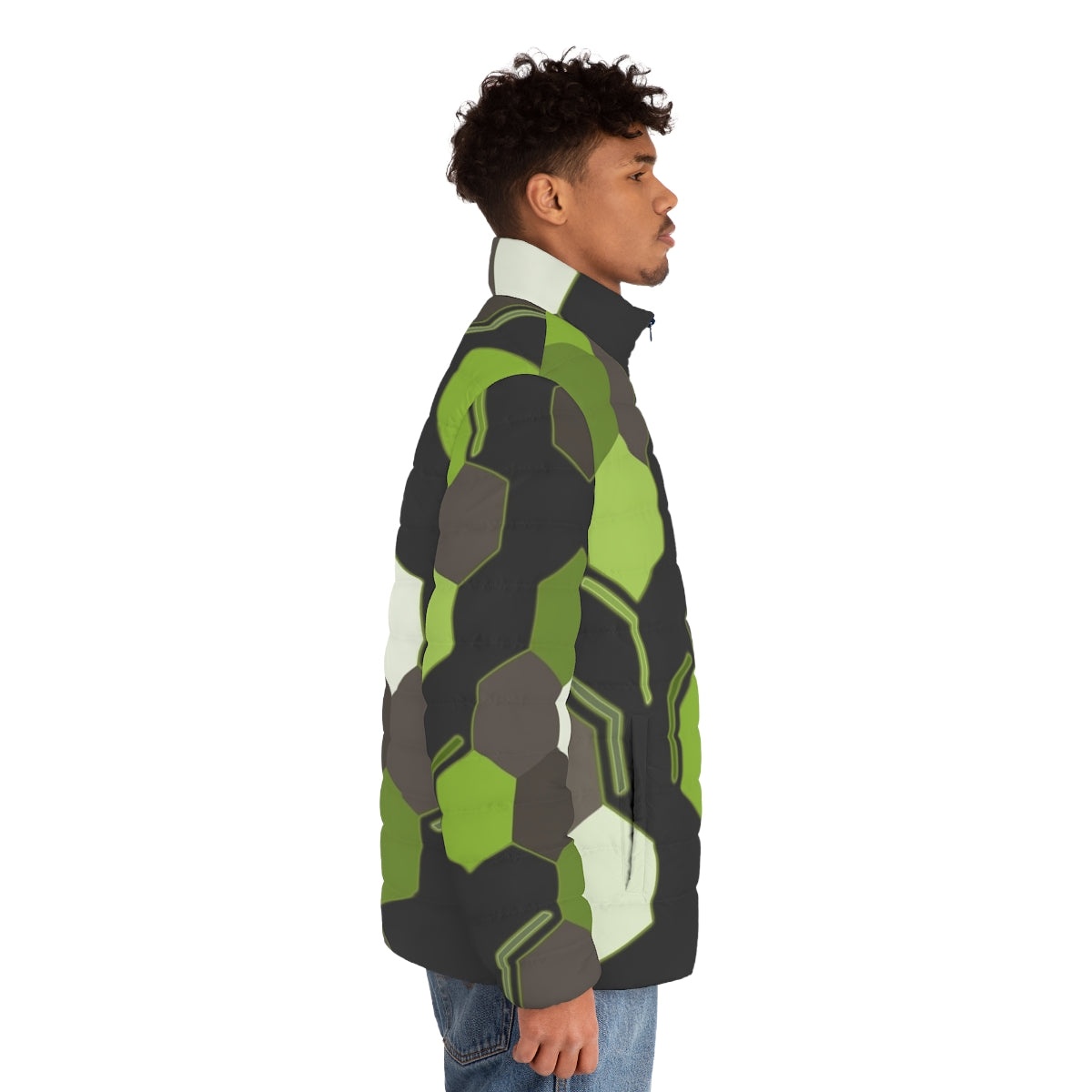 Hexagonal scales puffer jacket with Zygarde-inspired geometric design - men side right