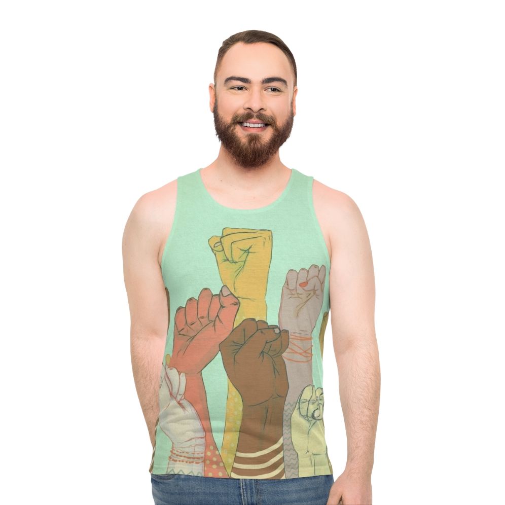 Unisex tank top with colorful arm pattern design representing diversity and unity - men