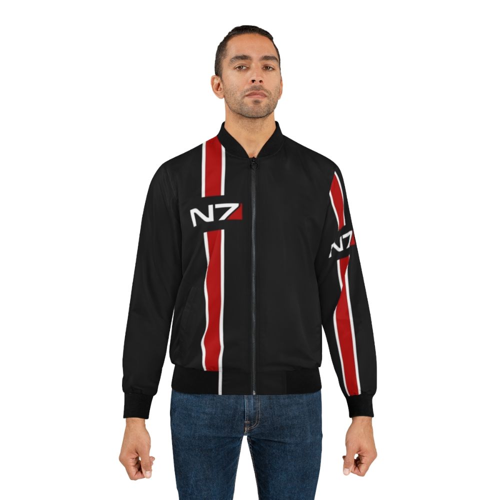 N7 Mass Effect Bomber Jacket featuring the iconic N7 emblem and Commander Shepard imagery - Lifestyle