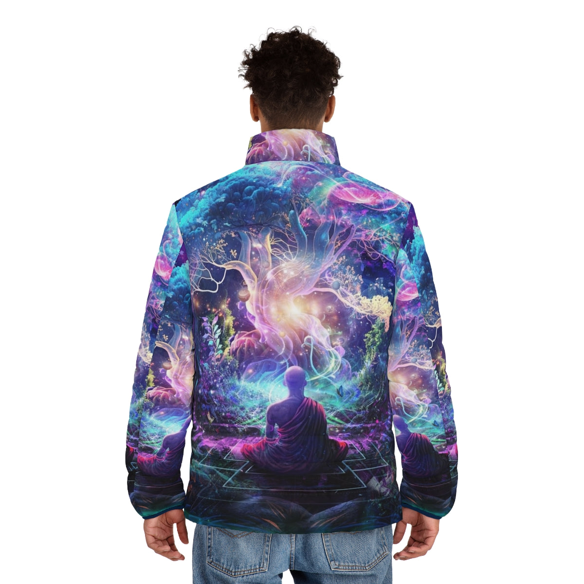 Midnight Garden Puffer Jacket featuring cosmic and spiritual design elements - men back