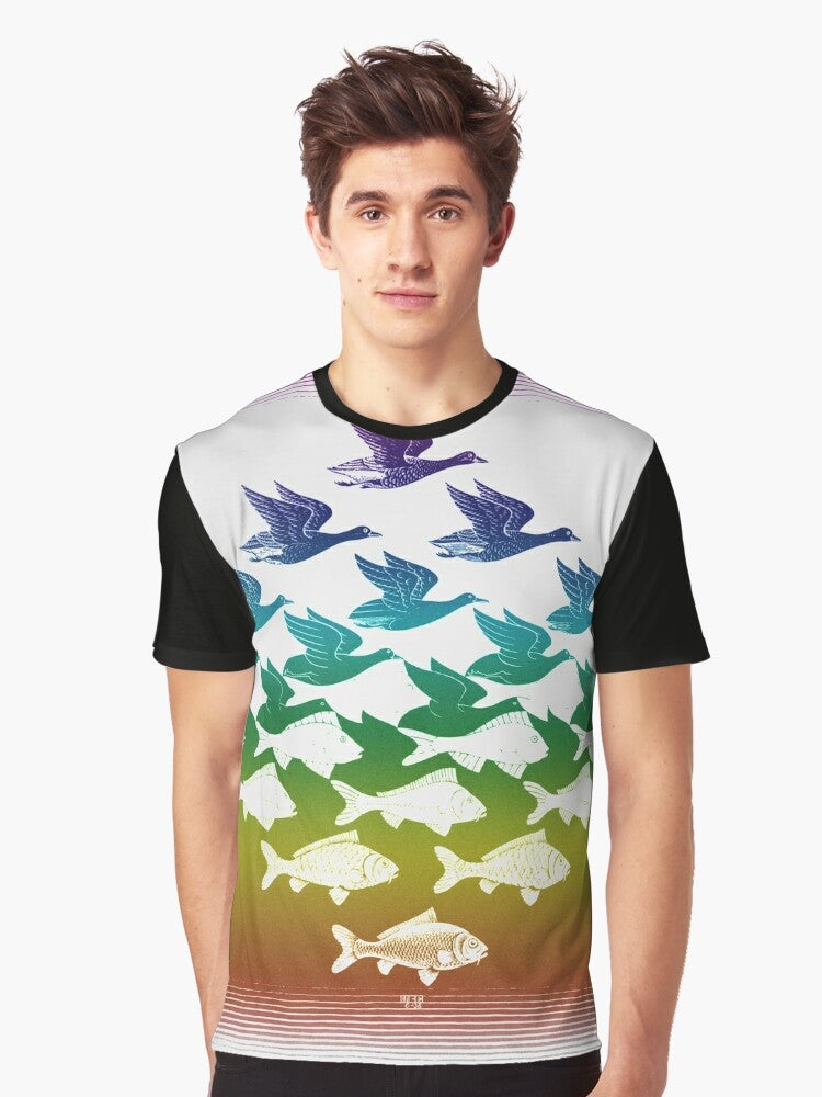 Escher-inspired optical illusion graphic t-shirt featuring colorful nature and animal elements - Men