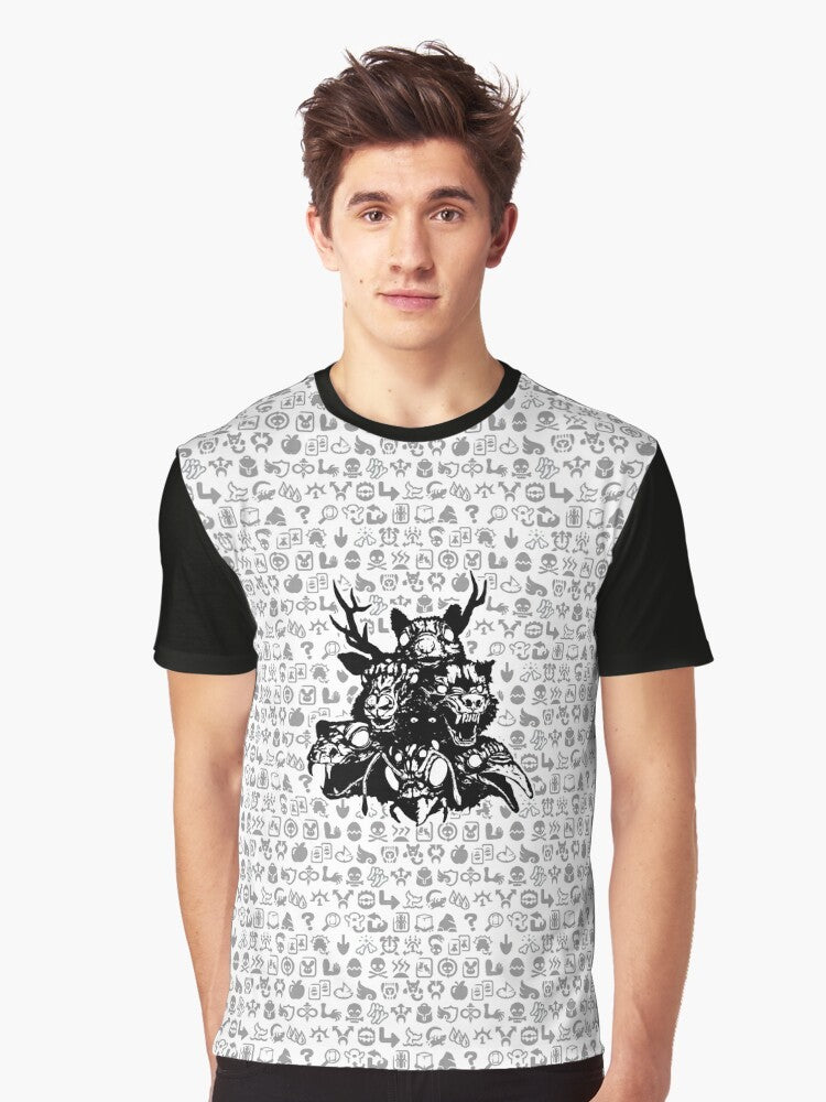 Graphic t-shirt featuring totems with animal sigils including wolf, elk, squirrel, reptile, insect, and raven - Men