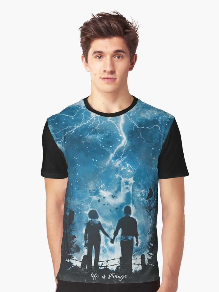 Graphic t-shirt design featuring the "The Storm of Life" text and imagery inspired by the Life Is Strange video game, including a tornado, deer, and butterfly. - Men