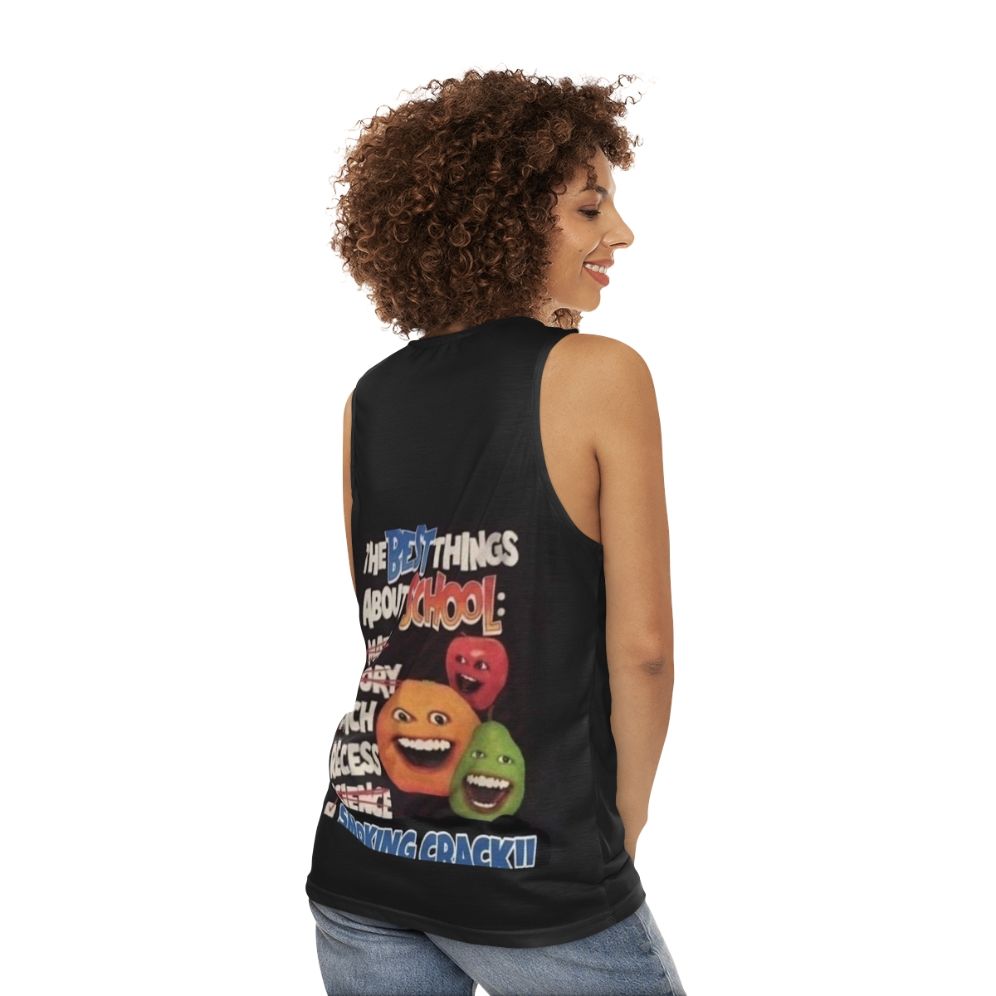 Annoying Orange inspired unisex tank top with a humorous school-themed graphic - women back