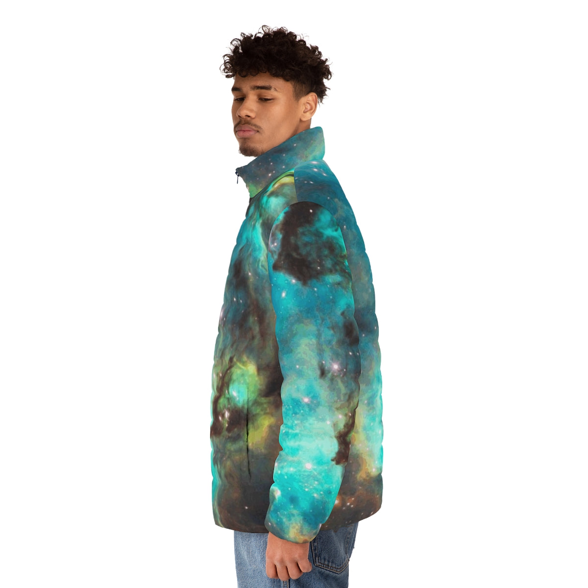 Green galaxy puffer jacket with cosmic, spacey design - men side left