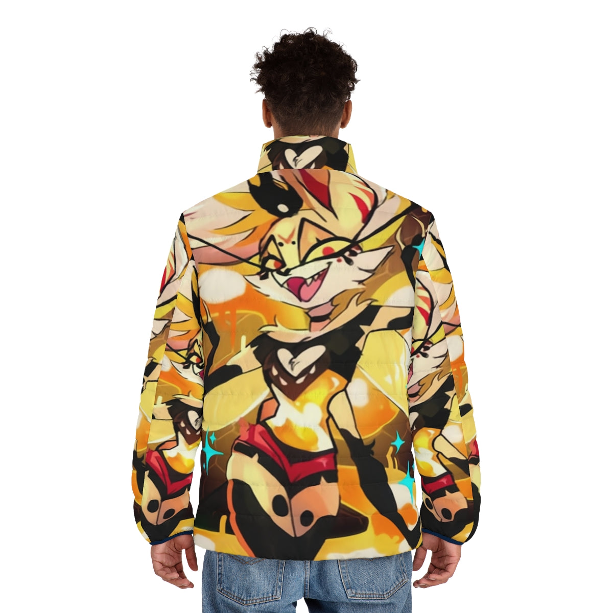 Beelzebub Helluva Boss inspired fiery puffer jacket with cartoon character design - men back