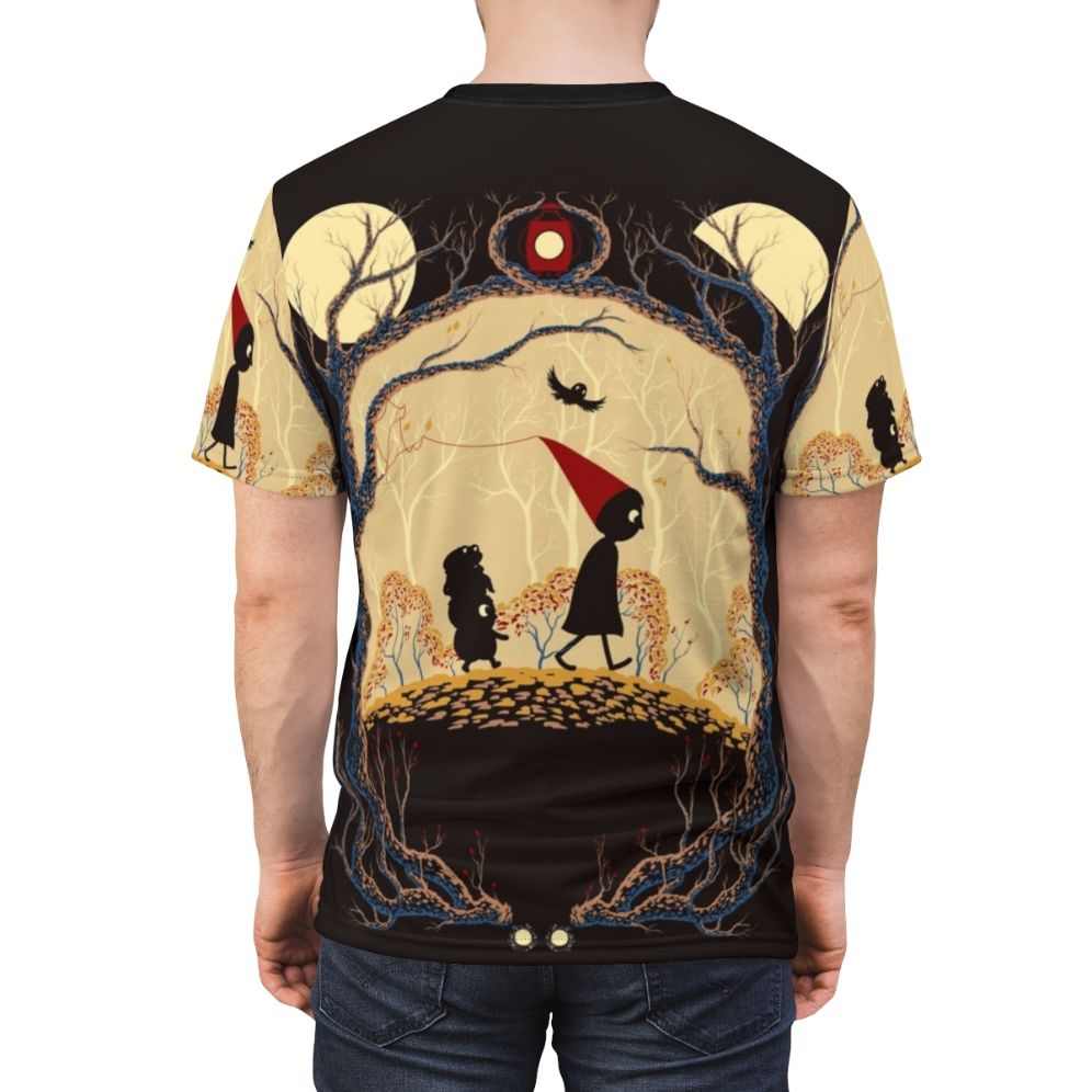 Illustration of a cartoon monster in a forest at night with a lantern and bird, perfect for autumn and Halloween - men back