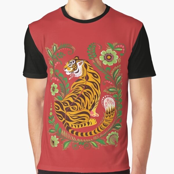 Vibrant tiger in folk art style graphic t-shirt