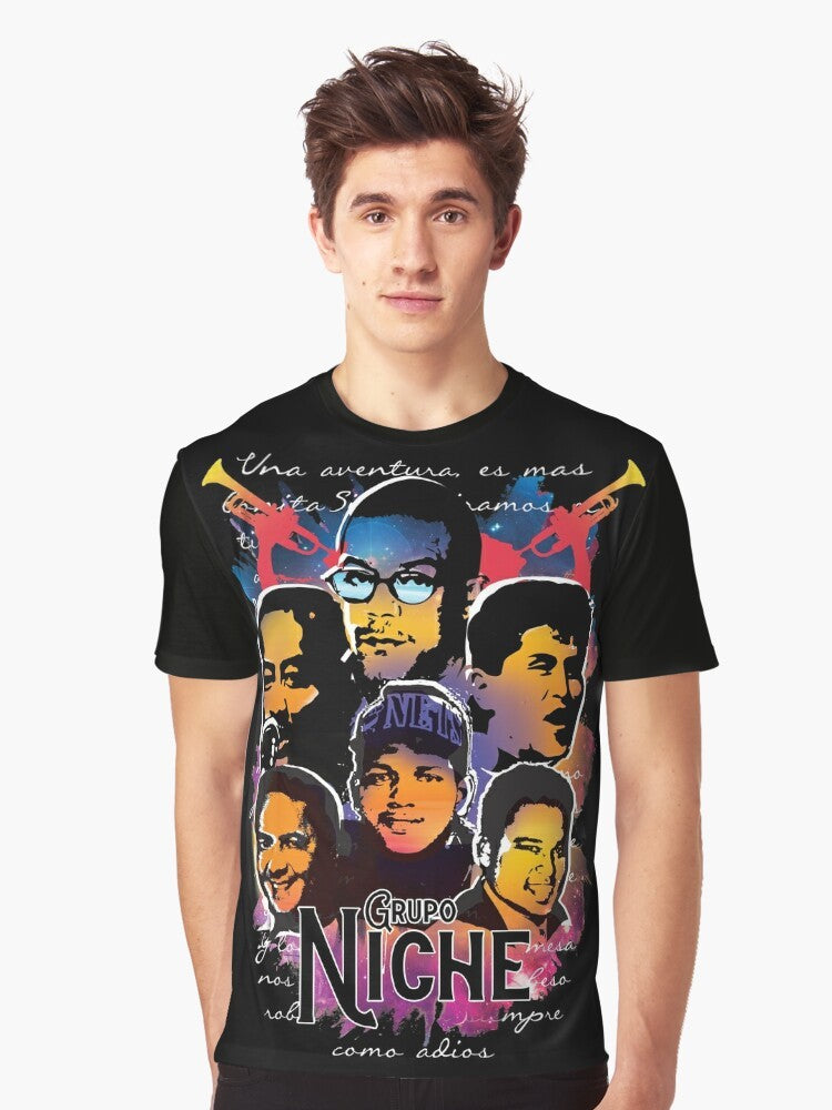 Grupo Niche Salsa Graphic T-Shirt with Dancers and Latin Music Motif - Men