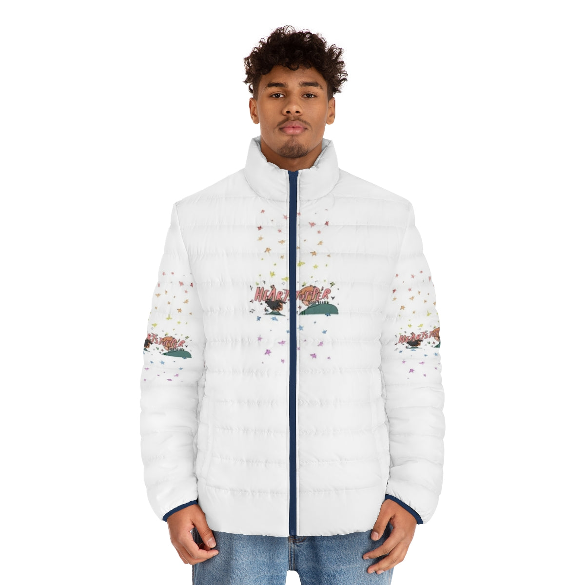 Heartstopper inspired puffer jacket featuring LGBTQ-themed design - men front