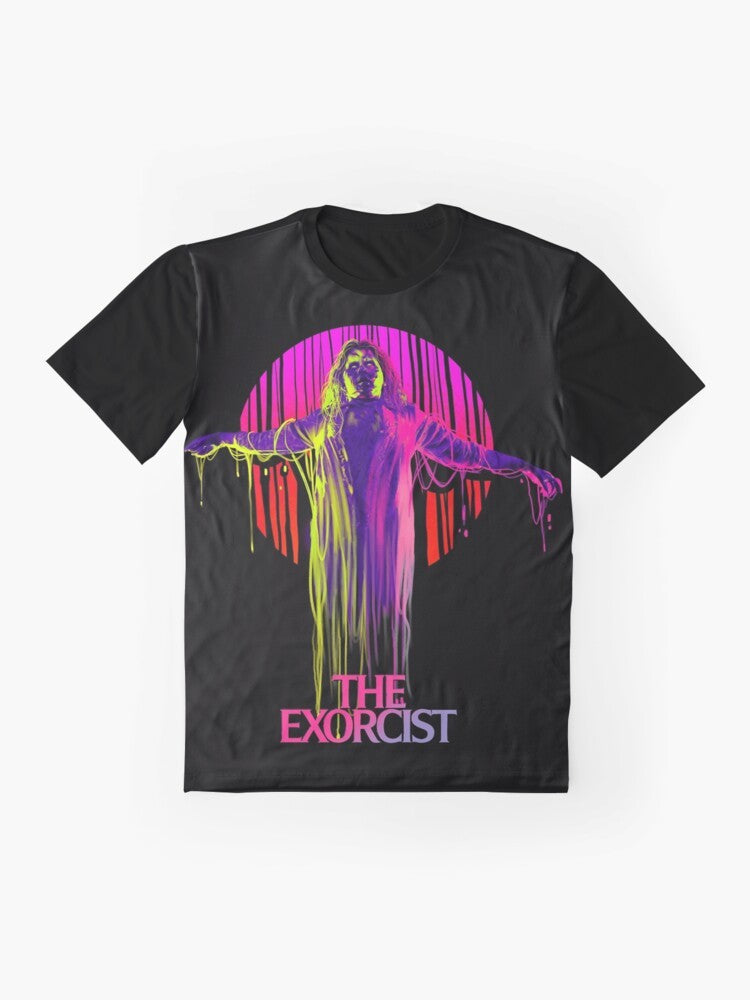 "The Exorcist neon graphic t-shirt featuring a classic horror movie design" - Flat lay