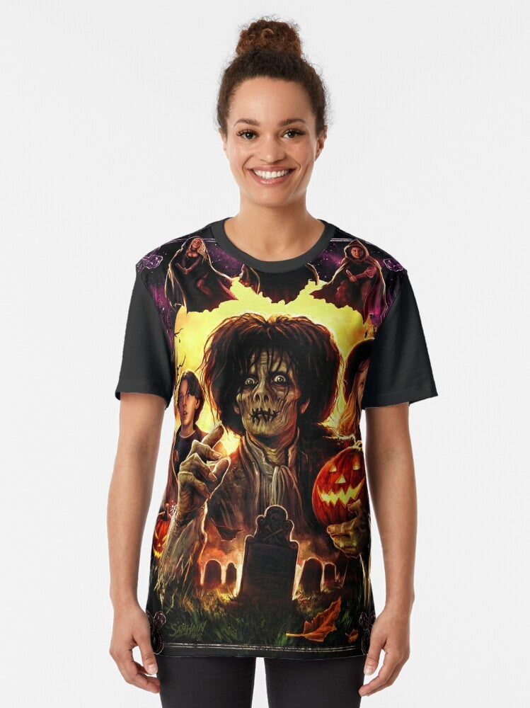 Graphic t-shirt design featuring the Sanderson Sisters from the classic Halloween movie Hocus Pocus, with a vintage, retro style. - Women