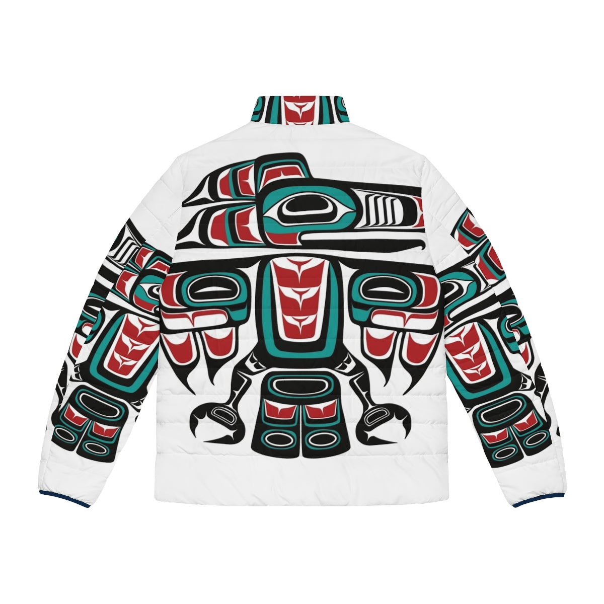 Haida Tlingit Native Raven Totem Puffer Jacket featuring traditional indigenous artwork - Back