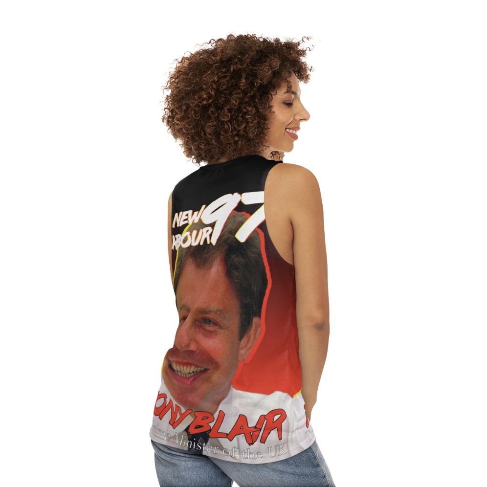 Vintage style unisex tank top with Tony Blair and Labour Party imagery - women back