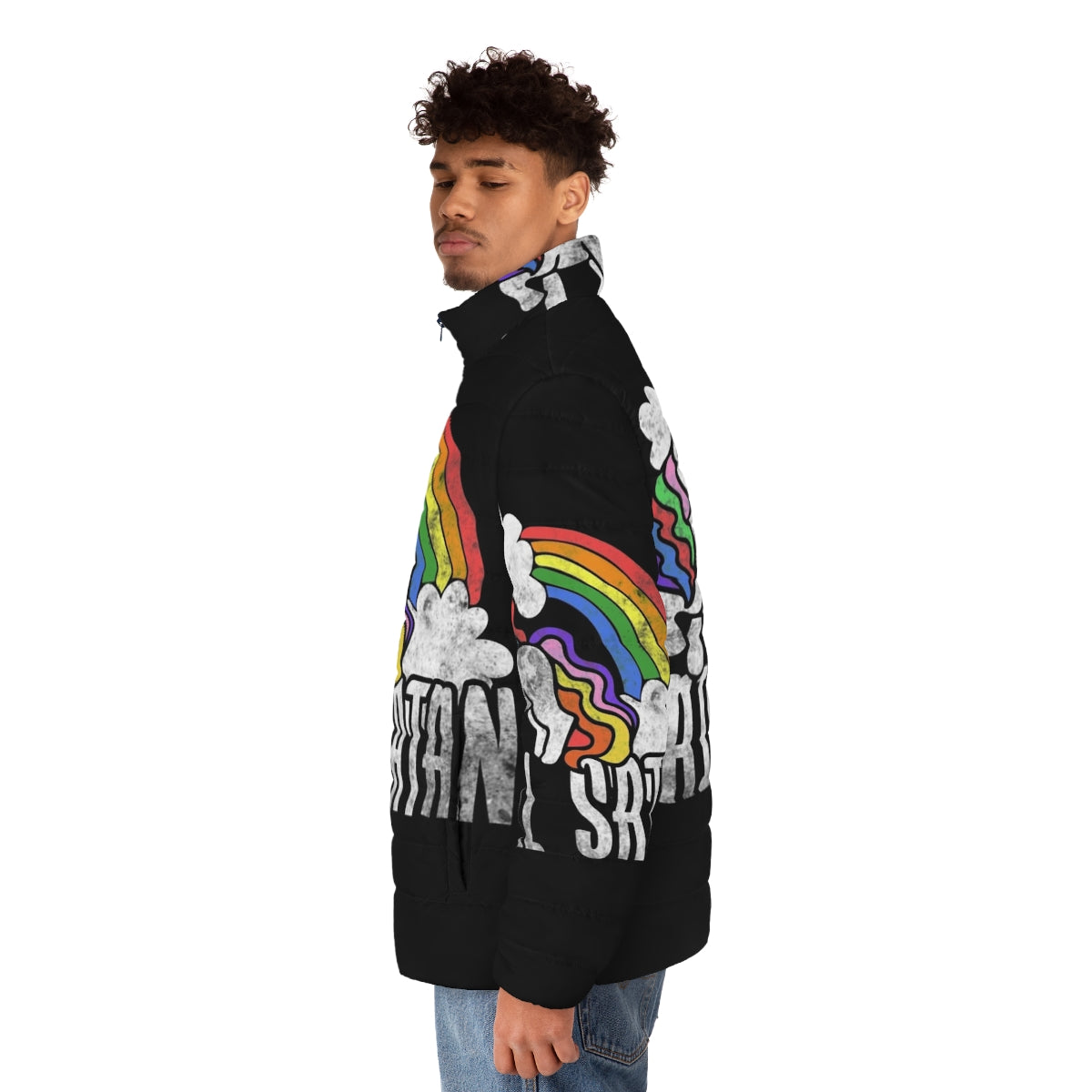 Retro rainbow unicorn puffer jacket with satanic design - men side left