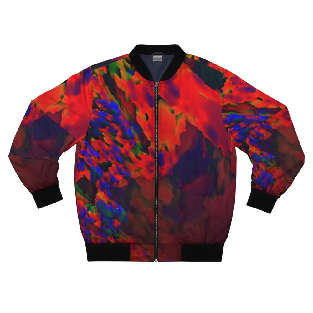 A bold and striking red bomber jacket with an abstract, fractal-inspired geometric design.