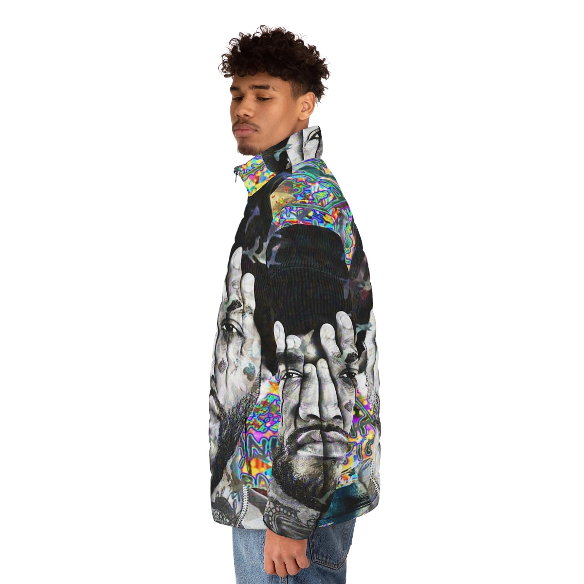 Joyner Lucas Portrait Puffer Jacket featuring the iconic rapper's portrait - men side left