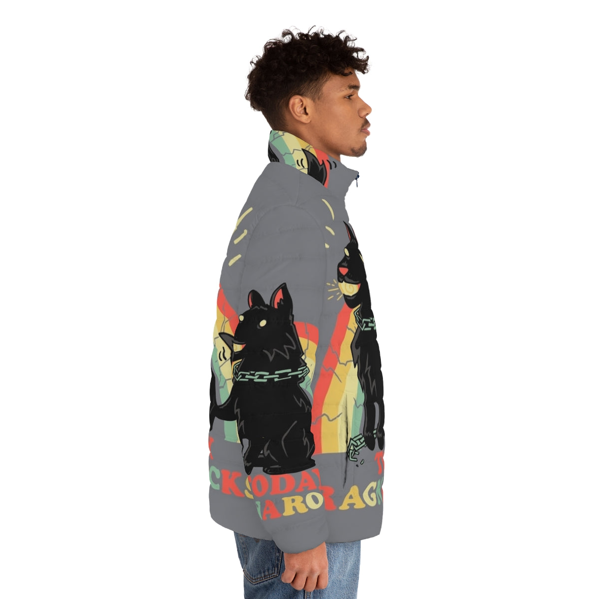 Dog wearing a puffer jacket with Norse mythology inspired design - men side right