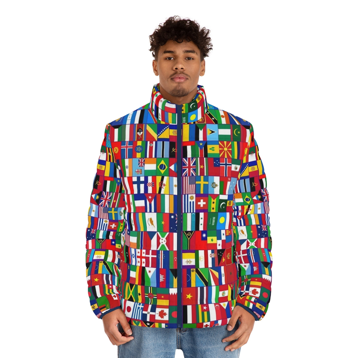 Flags of the World Puffer Jacket featuring colorful national flags from around the globe - men front