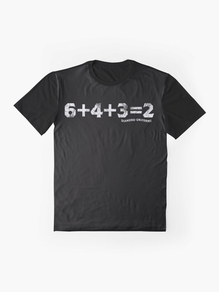 Baseball Math Graphic T-Shirt with Equation 6+4+3=2 - Flat lay