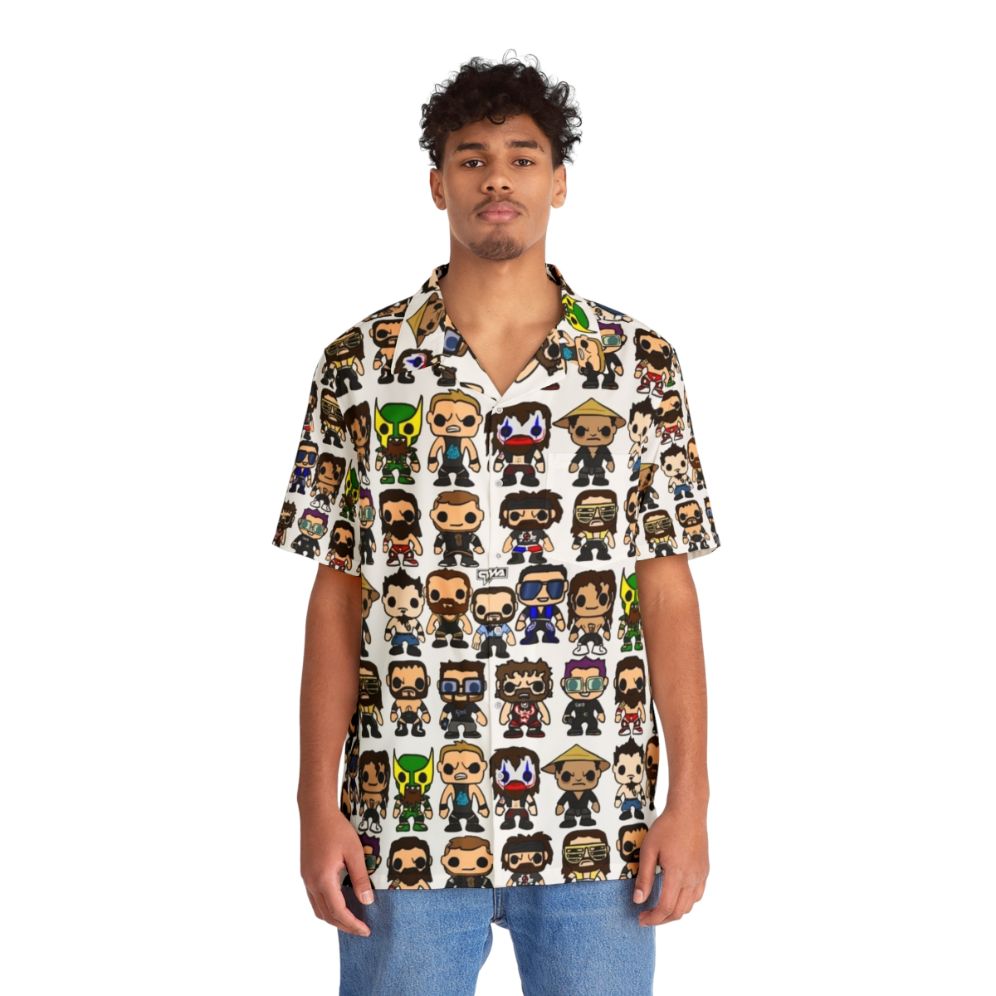 Qwa Vinyl Pop Fighters Hawaiian Shirt with wrestling and pop art design - People Front