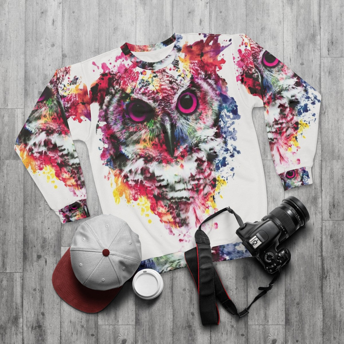 Colorful abstract owl sweatshirt - flat lay