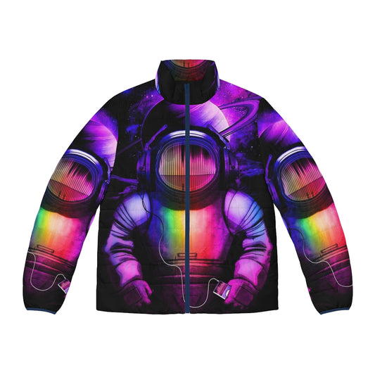 A colorful puffer jacket featuring a space and music design, with an astronaut and headphones against a backdrop of planets and galaxies.