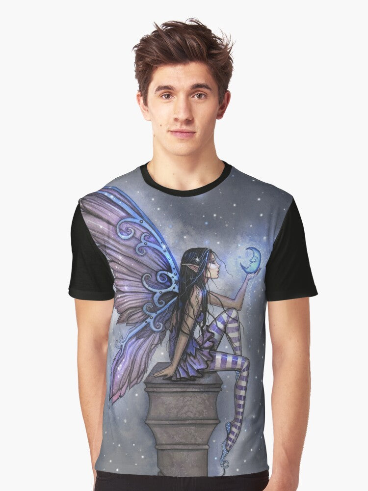 Graphic T-Shirt featuring a fairy design with a blue moon, stars, and celestial elements by artist Molly Harrison - Men