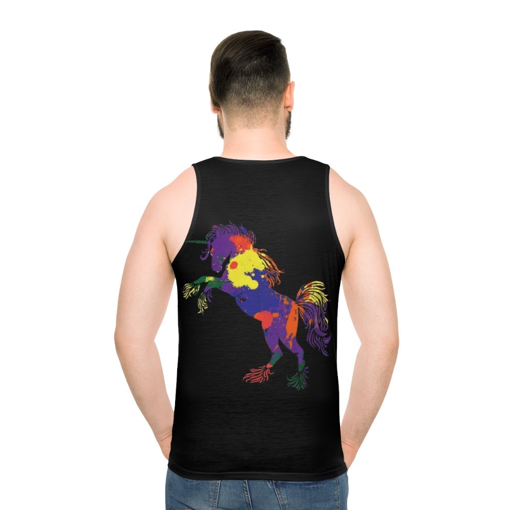 Colorful rainbow unicorn unisex retro 80s tank top - men back