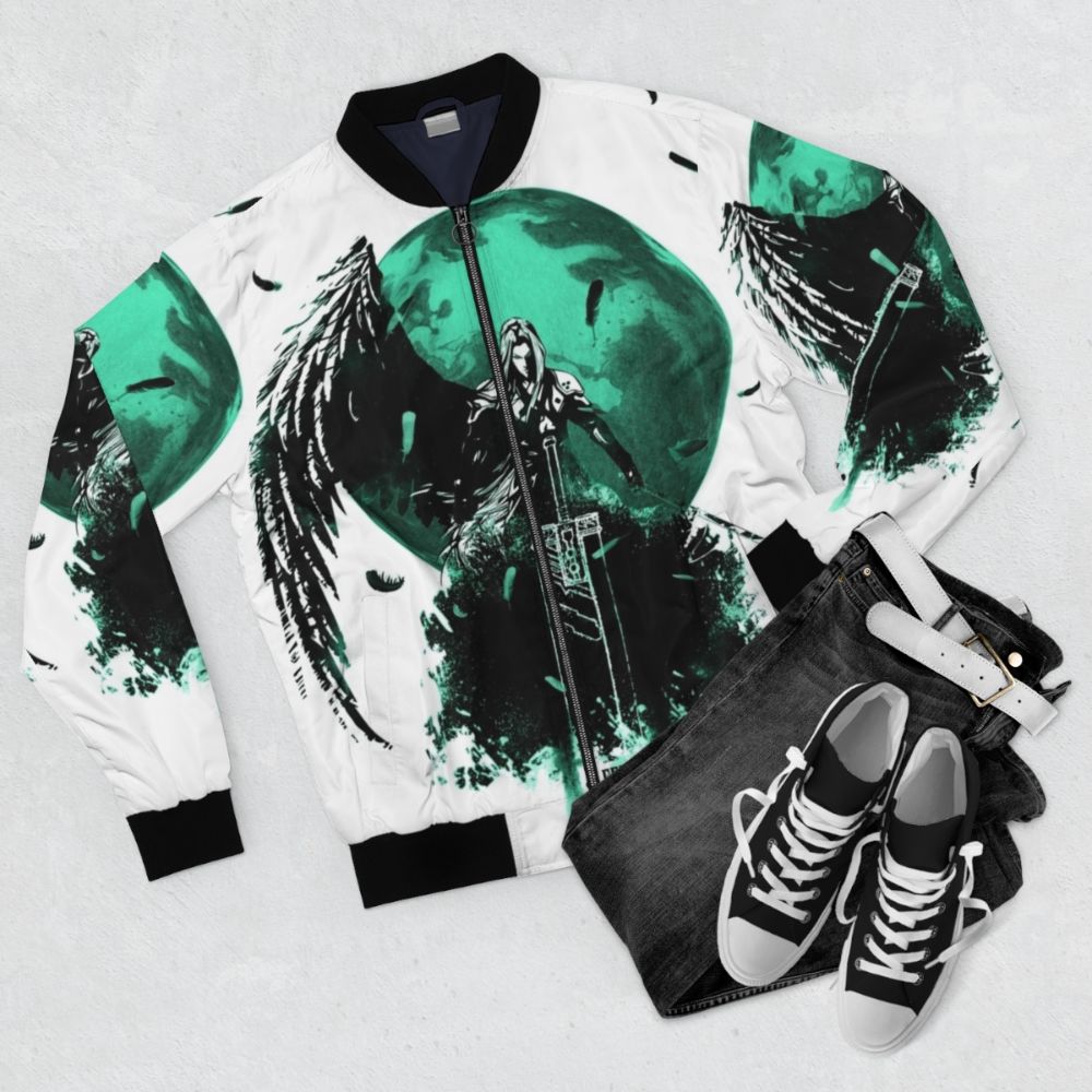 Final Fantasy VII Bomber Jacket with Sephiroth, Cloud Strife, and Zack Fair Designs - Flat lay