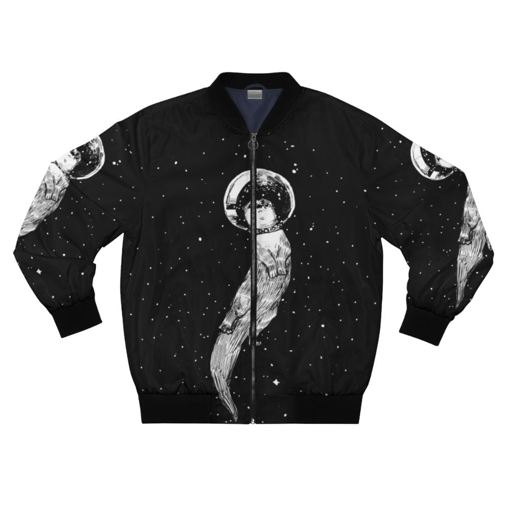 Otter floating in space on a bomber jacket design