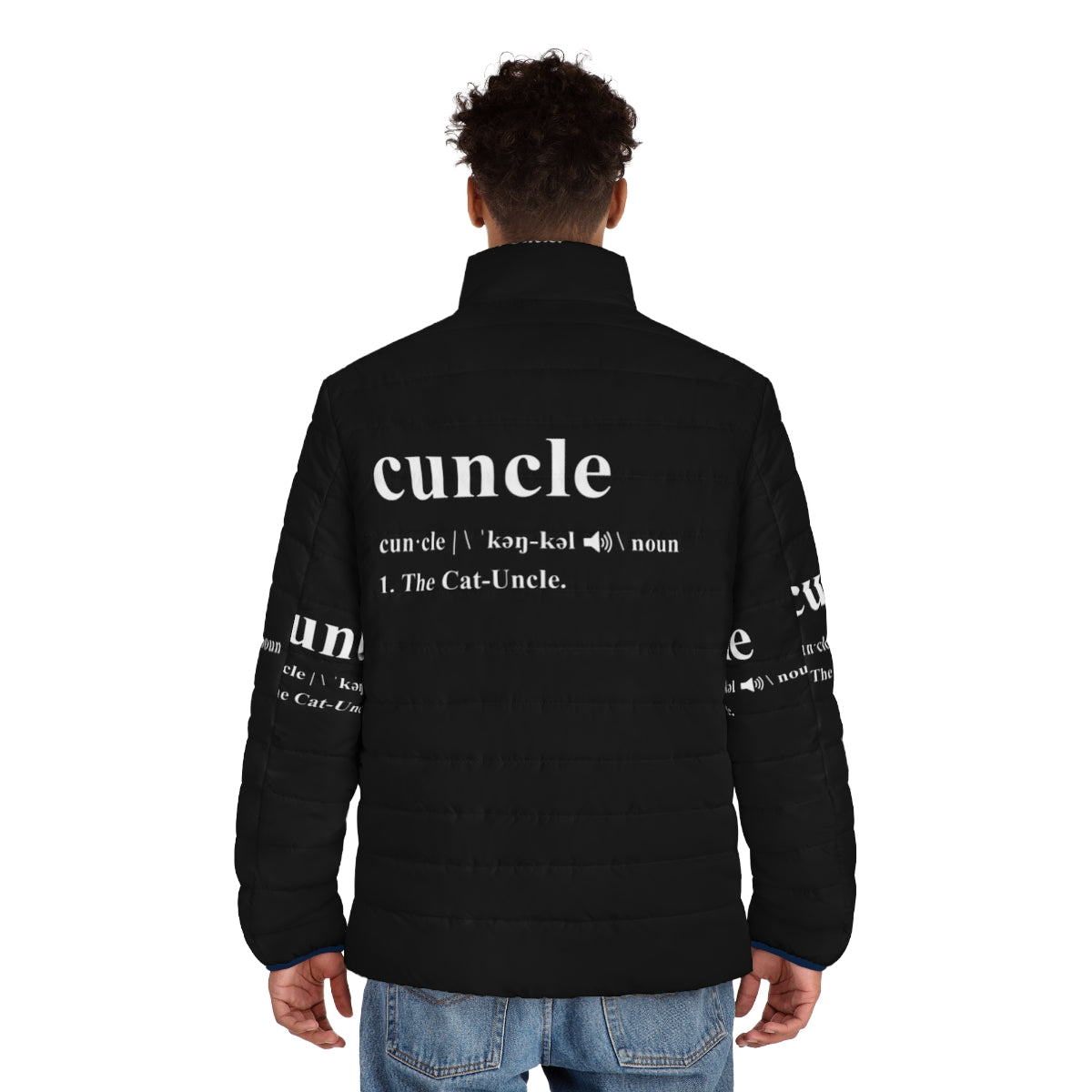 Cat uncle cuncle wearing a cozy puffer jacket - men back