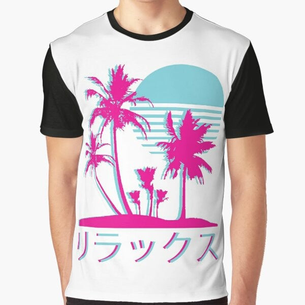 Vaporwave aesthetic retro 1980s 1990s graphic t-shirt with neon palms design