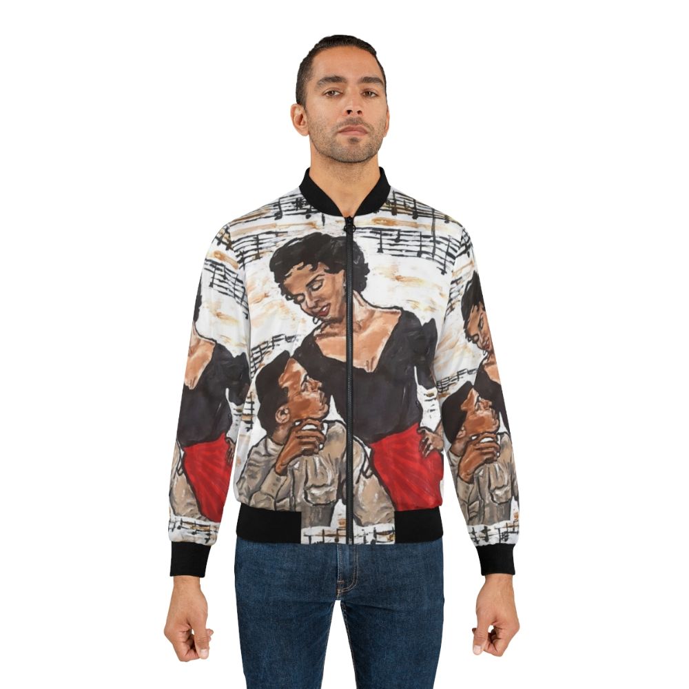 Vintage black bomber jacket featuring the iconic characters from the classic film Carmen Jones, showcasing black love and glamour. - Lifestyle