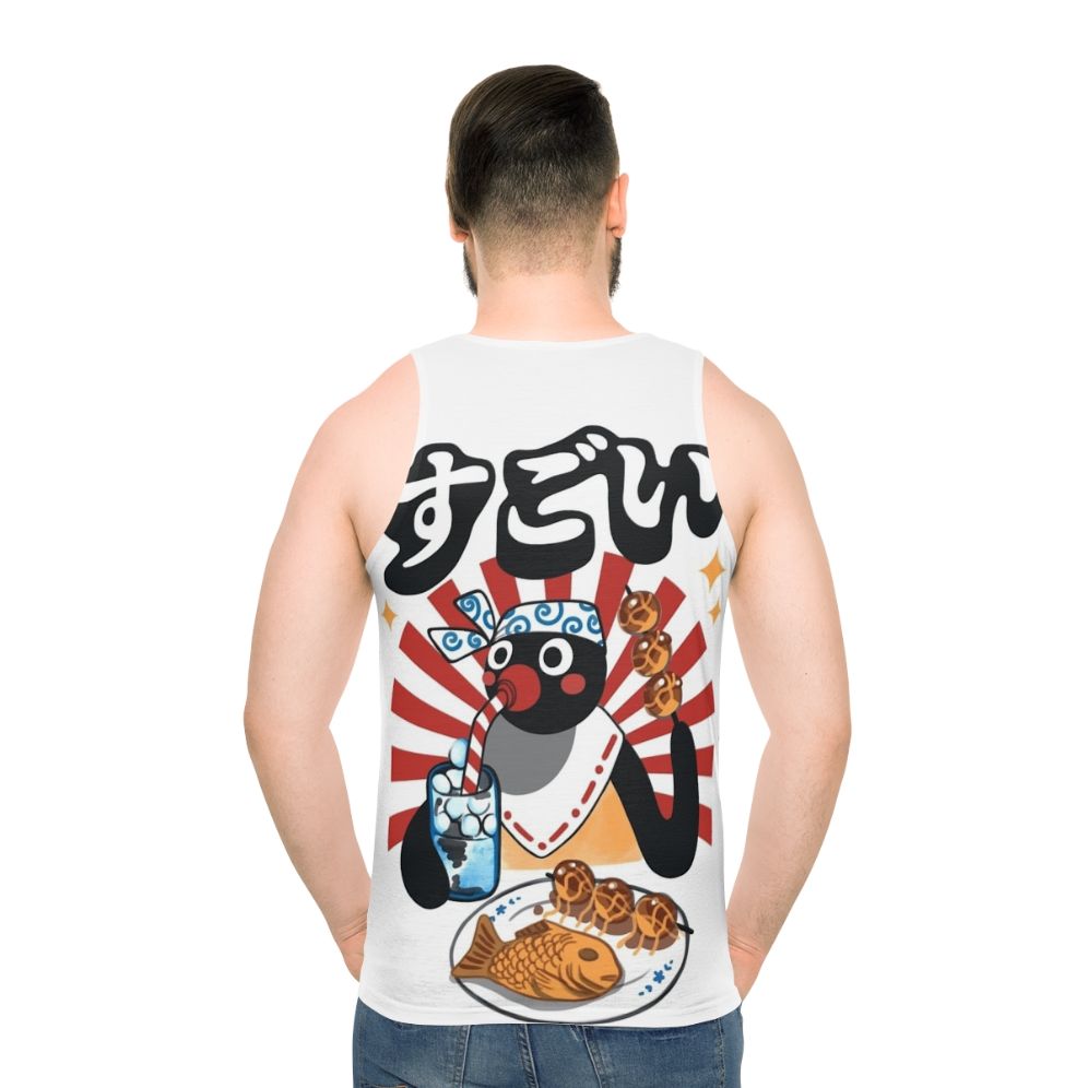 Unisex tank top with retro cartoon penguin design - men back