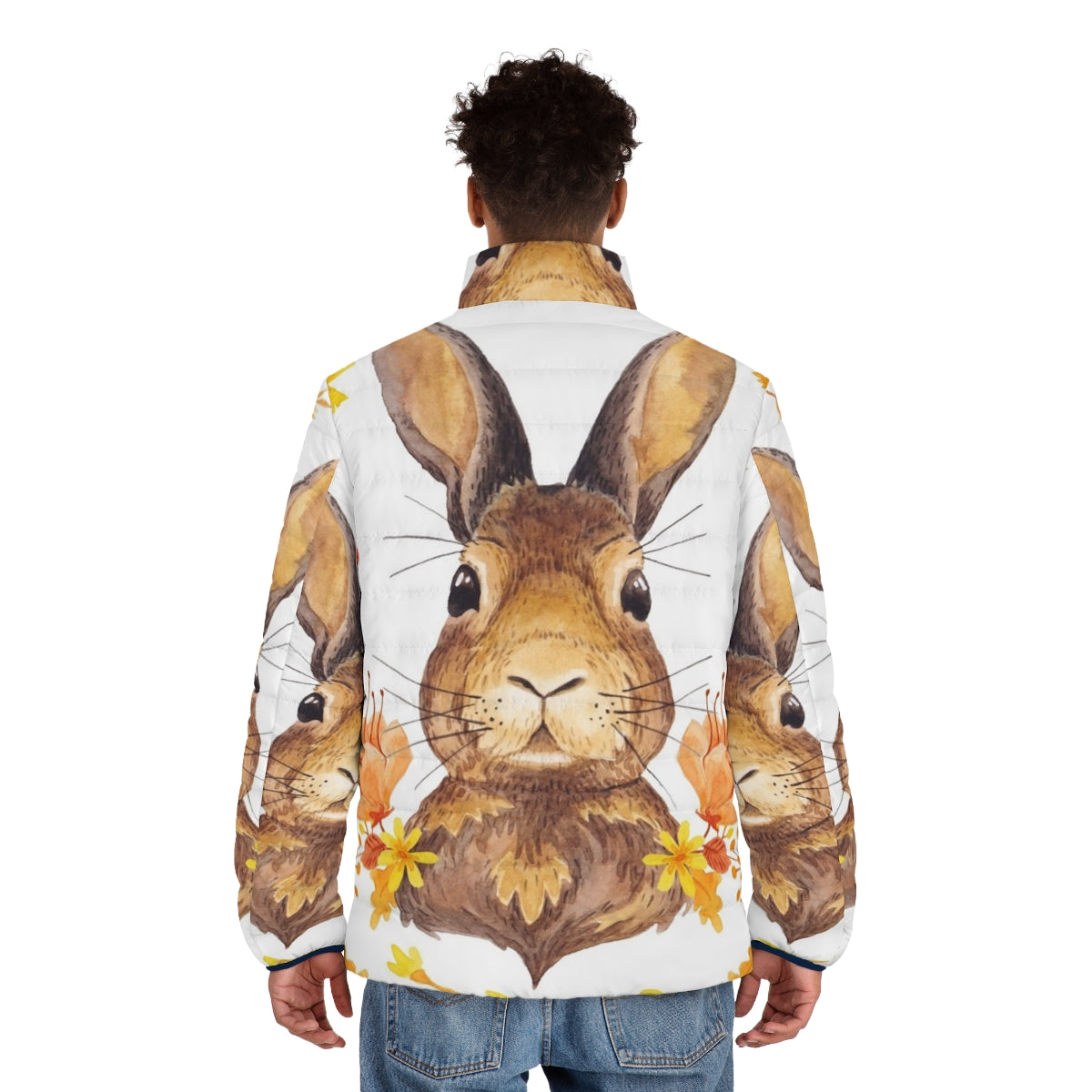 Autumn Bunny Puffer Jacket featuring cute rabbit print and fall foliage - men back