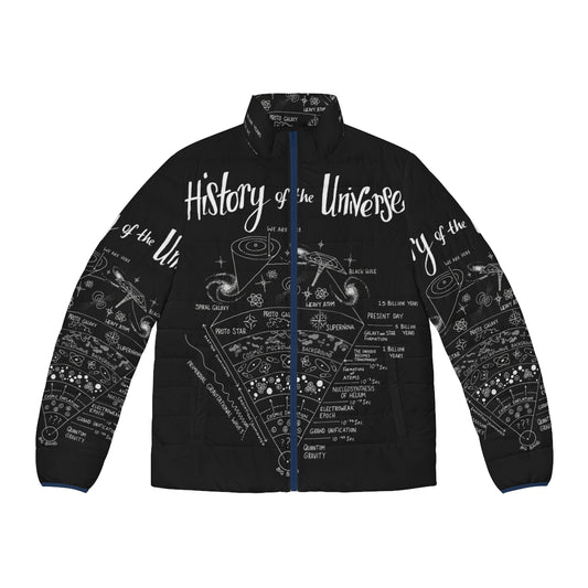 A puffer jacket featuring a diagram and illustration of the history of the universe, space, and cosmology