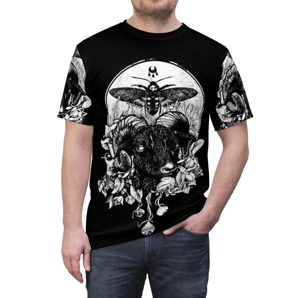 Mystical gothic-inspired t-shirt design featuring dark nature, occult symbols, animals, and floral artwork - men front