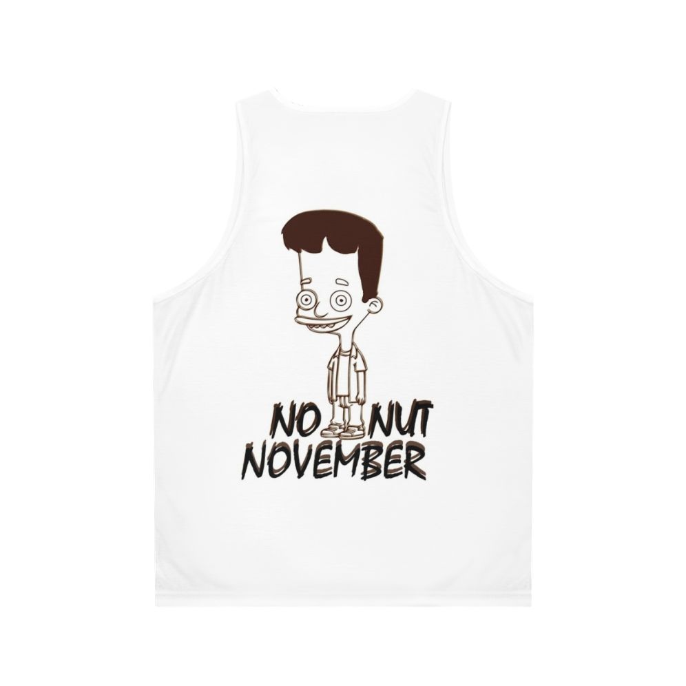 Unisex no nut november tank top with big mouth hormone monster design - Back